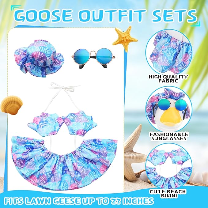 Abbylike 1 Set Bikini Porch Goose Outfit Summer Shell Goose Costume Hawaiian Geese Clothes with Sun Hat Sunglass Fits 23'' Statue Cement for Beach Yard Garden Lawn Pathway Patio Pool Decoration