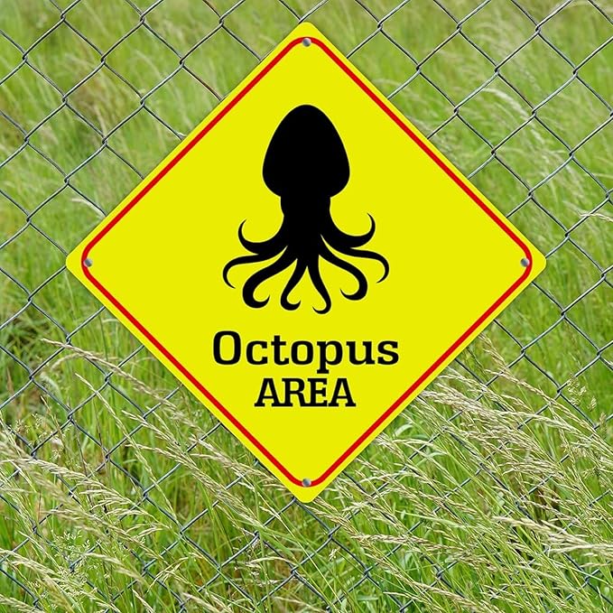 Warning Octopus Area Metal Tin Sign Ocean Animal Caution Crossing Xing Street Sign Yellow Diamond Shape Funny Metal Sign For Indoor Outdoor Highway10x10in