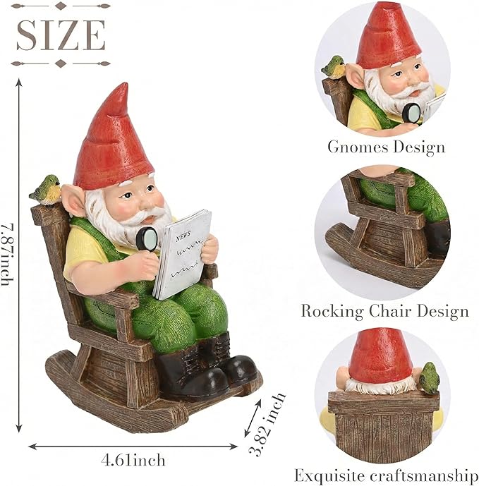TERESA'S COLLECTIONS Garden Outdoor Decor,Gnomes Sitting in a Rocking Chair Reading a Newspaper，Gnomes Garden Decor, Waterproof Resin Garden Statue, Garden Gift, Indoor/Outdoor,7.9"
