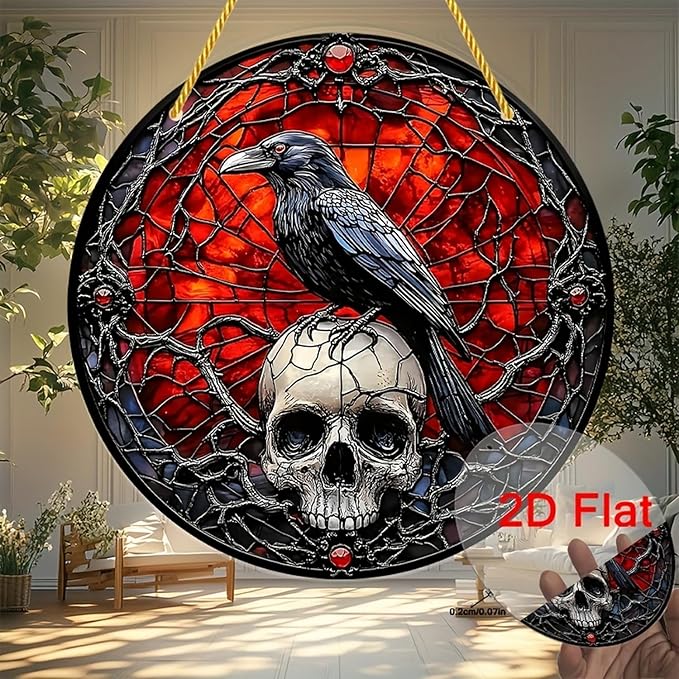 Halloween Sun Catchers Indoor Window Raven Skull Goth Window Decoration Black Goth Acrylic Decoration Black Red with Chain for Home Garden Housewarming Ornaments Gifts for Women Friend Party 7.87 Inch