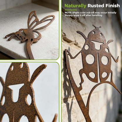 KODIBO 4-Pack Metal Garden Stakes Outdoor Decor, Vintage Rust Patina Bird Bee Butterfly Ladybug Garden Stake Set, Decorative Yard Art for Flower Bed, Planters, Patio & Lawn, Gift for Garden Lovers