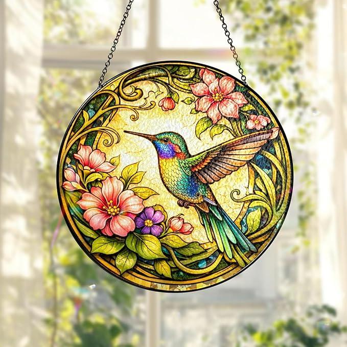 Stained Glass Window Hanging Hummingbird Sun Catcher, Gifts for Hummingbird Lovers, Colorful Bird Suncatcher for Window, Home Wall Art Decoration, Glass Bird Ornament Decor