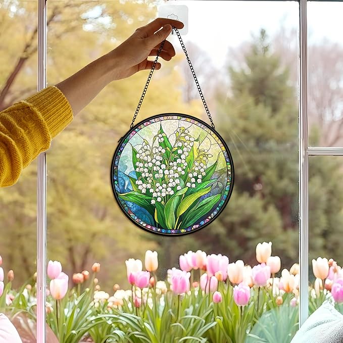 Floral Whimsical Suncatcher Stained Glass Window Hanging Decor, Goblincore Cottage Core Stained Glass Wall Decor, Lilly of the Valley Lawn Garden Sun Catchers Window Hanging Decorations,7.9x7.9
