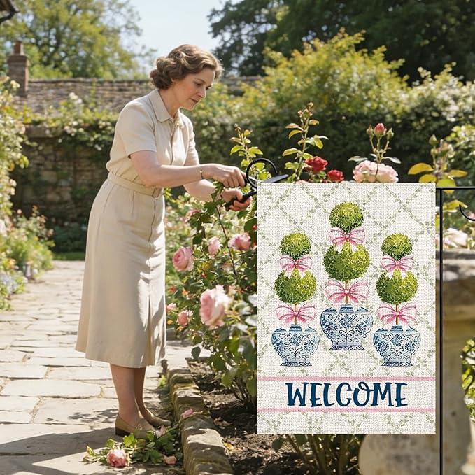 Chinoiserie Topiary Welcome Decorative Garden Flag, Blue and White Porcelain Botanical Small Yard Outside Decorations, Pink Bow Coquette Plant Burlap Outdoor Home Decor Double Sided 12 x 18