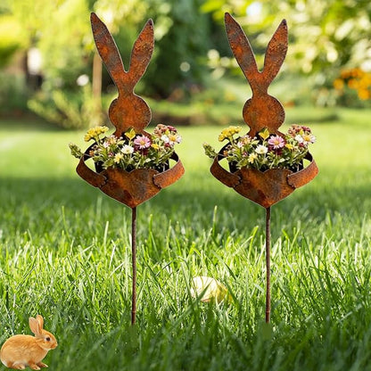 Easter Vintage Metal Rabbit Shaped Planter Garden Stake - Rustic Bunny Silhouette Garden Decor for Outdoor Garden Yard, for Celebrate Easter Outdoors (2pc)