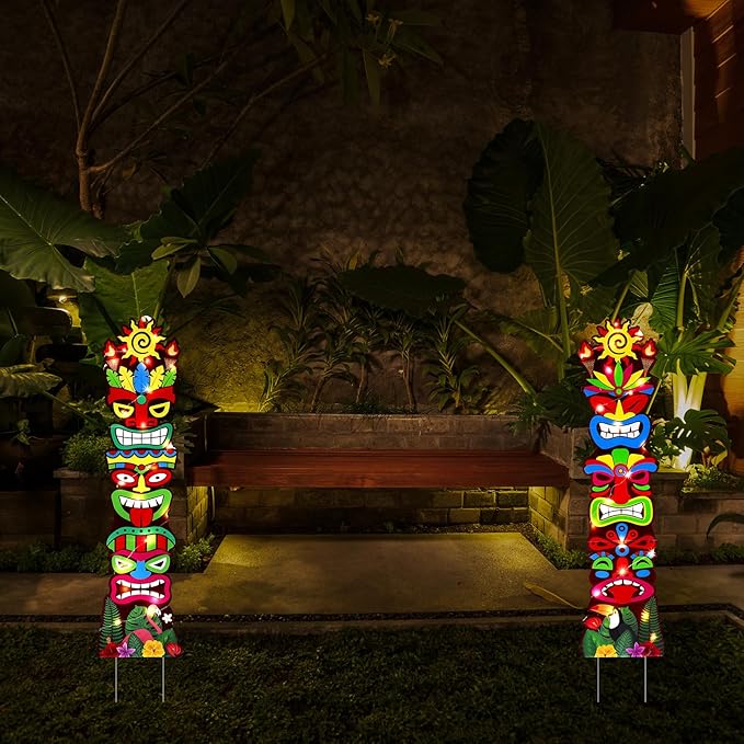 Queekay 2 Pcs Tiki Yard Sign Luau Hawaiian Tropical Party Decoration Outdoor Tiki Bar Sign with Stakes for Summer(Lighted Style)