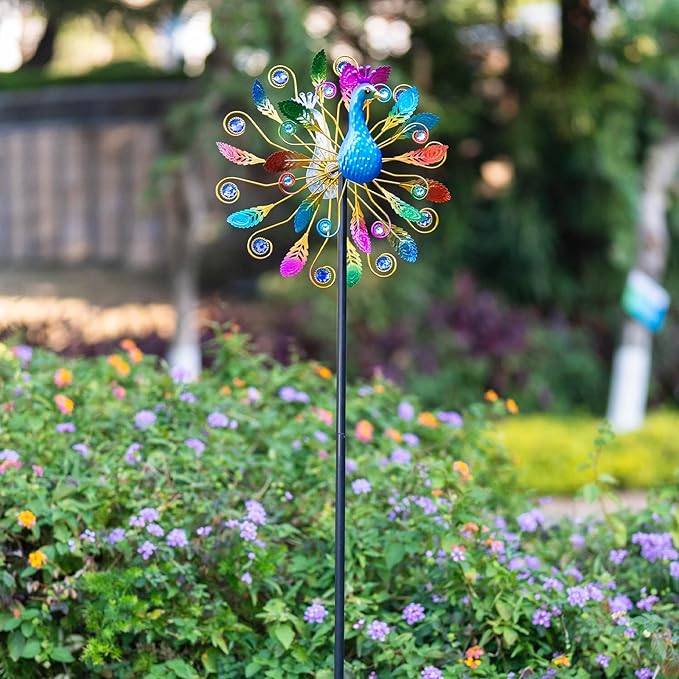 65 Inch Colorful Peacock Wind Spinner Outdoor, Two-Sided Windmill for Yard with Vibrant Front & Solid Blue Back, Large Metal Garden Wind Spinners and Statement Outdoor Garden Decor