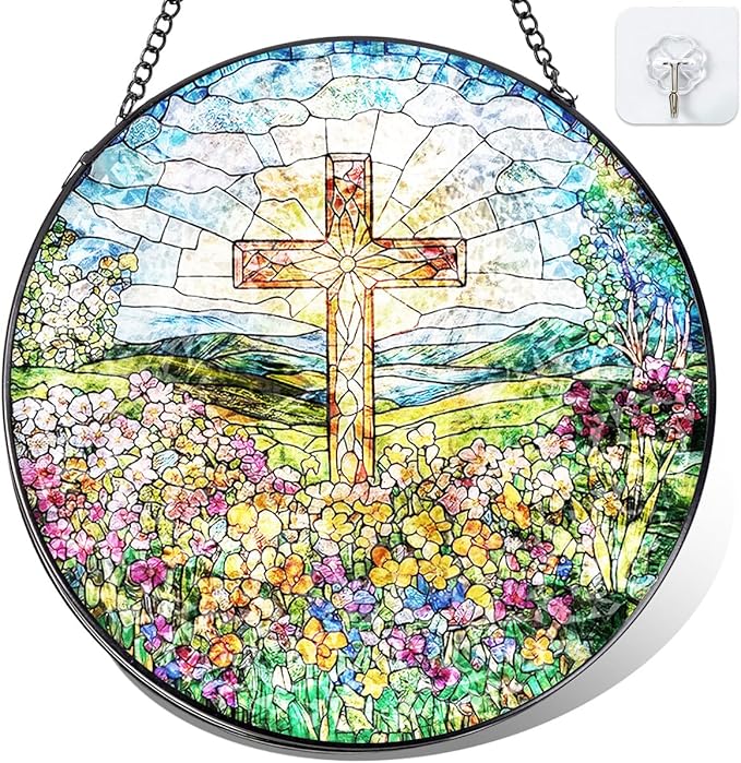 Cross and Wildflower Stained Glass Suncatcher, Christian Cross Window Hanging Decor, Religious Faith Gift, Garden Sun Catchers Hanging Wall Art 8 inch
