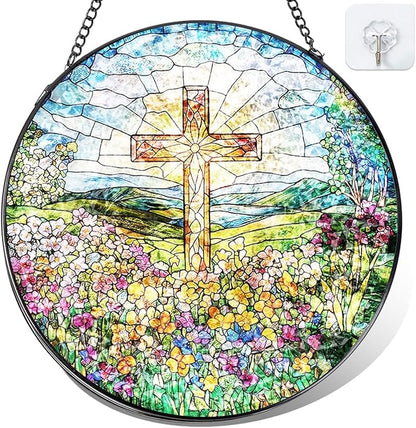Cross and Wildflower Stained Glass Suncatcher, Christian Cross Window Hanging Decor, Religious Faith Gift, Garden Sun Catchers Hanging Wall Art 8 inch
