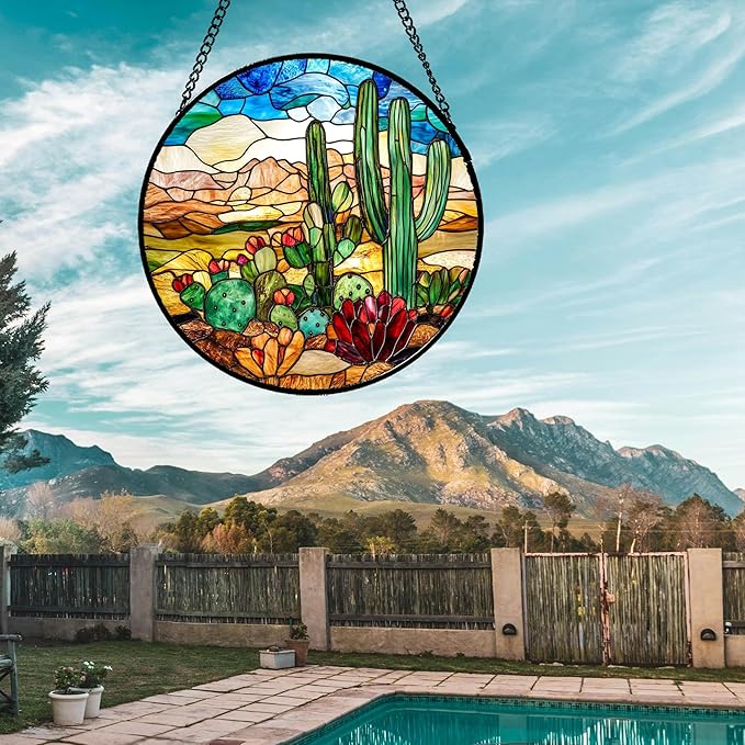 Stained Glass Window Hanging Desert Green Cactus Red Flowers Large 15" - Suncatcher Door Garden Sun Catcher Landscape Home Decor Birthday Christmas for Mom Men Woman Nana
