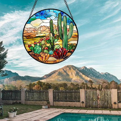 Stained Glass Window Hanging Desert Green Cactus Red Flowers Large 11.8" - Suncatcher Door Garden Sun Catcher Landscape Home Decor Birthday Christmas for Mom Men Woman Nana