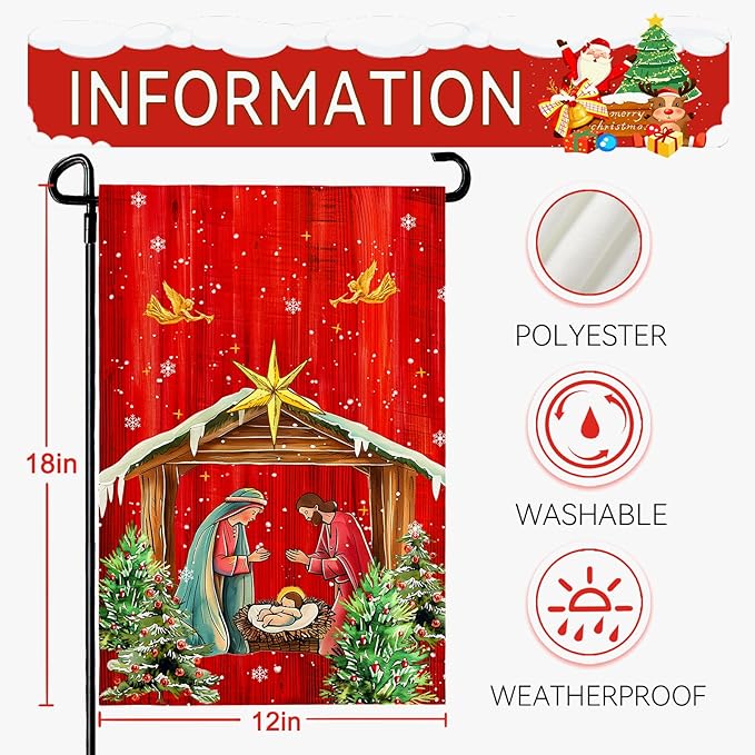 Xmas Poinsettia Garden Flag Holy Night Nativity Double Side Yard Flags Religious Christma Jesus Nativity Scene Decor House Banner for Winter Happy Holiday Outdoor Yard Decor 12 x 18 Inch