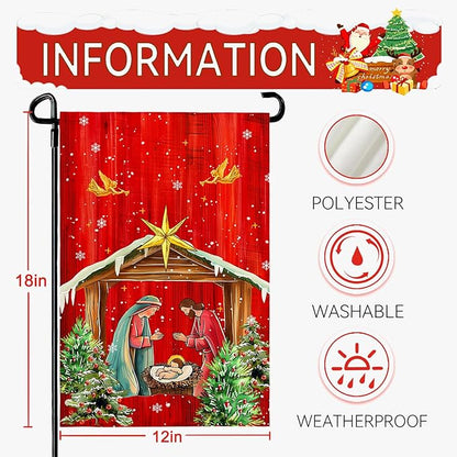 Xmas Poinsettia Garden Flag Holy Night Nativity Double Side Yard Flags Religious Christma Jesus Nativity Scene Decor House Banner for Winter Happy Holiday Outdoor Yard Decor 12 x 18 Inch