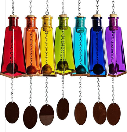 Blue Ridge Mountain Gifts Pyramid Bottle Wind Chime for Garden & Porch Decor w/Cooper Accent, Stained Wooden Ball, & Colorful Glass Bottles - Ideal for Wind Chime Lovers (Rainbow Set)