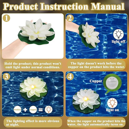 LACGO 24 PCS Waterproof Floating Lotus Lights - 5 Inch Floating Pool Flowers Battery Operated Water Activated Warm White Pool Flower Lights Wedding Anniversary Garden Decoration