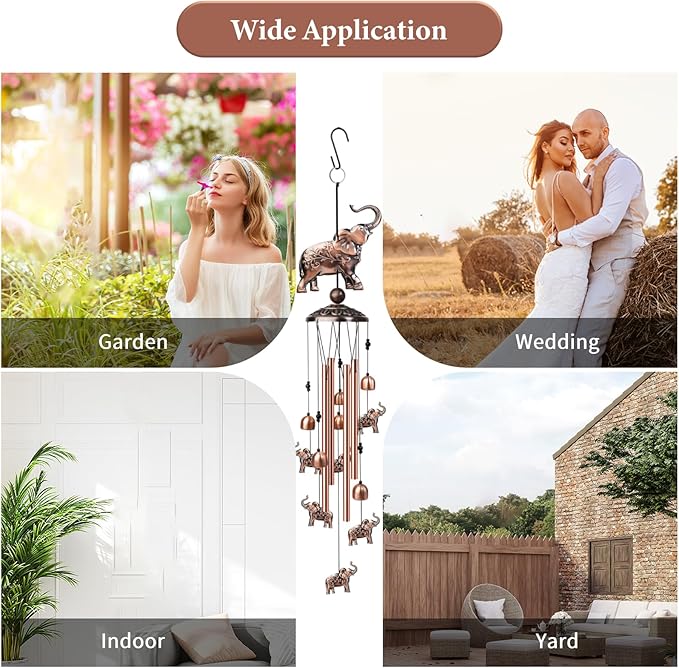35 Inch Elephant Wind Chime, Handmade Large Metal Animal Figurine Windchimes for Garden Decor, Deep Soothing Bass Tones Wind Chimes for Outside, Memorial Gifts for Patio, Yard, Porch