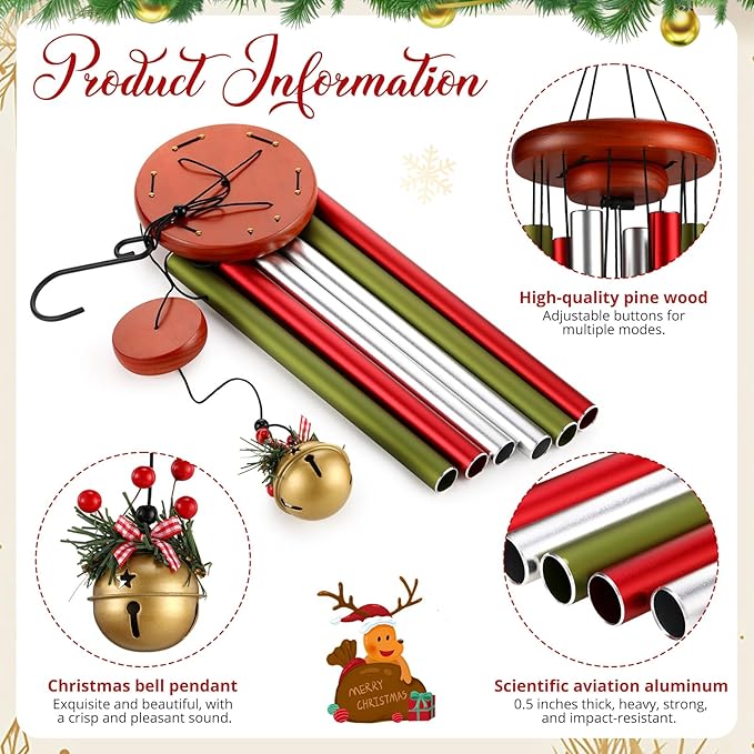 Roowest Christmas Large Aluminium Wind Chimes with Bell for Outdoor 37" Red Green and White Deep Tone Soothing Melodic Tones Wind Chimes for Outside Garden Patio Decor Gift for Mom Women Neighbors