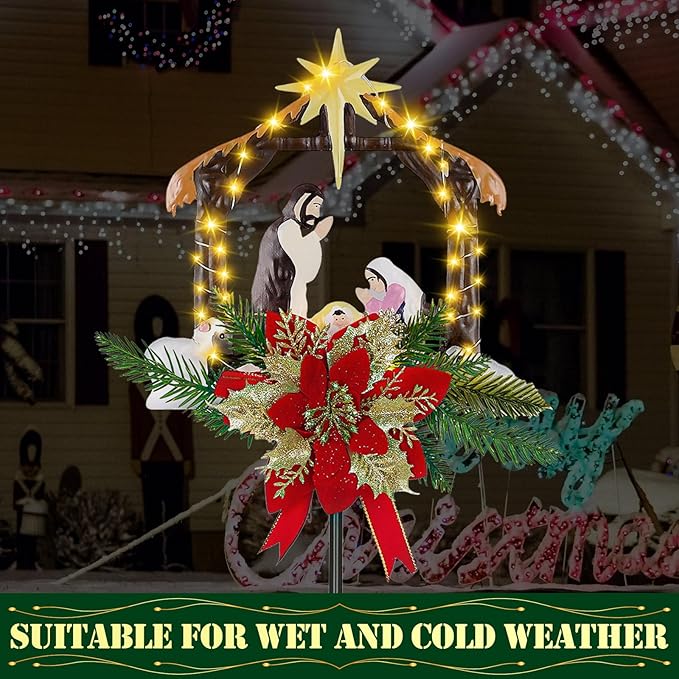 Moukeren 2 Pcs 2 Pcs 3.5ft Nativity Scene Outdoor Yard Stakes, Solar Lighted Outdoor Metal Christmas Nativity Scene Decoration for Christmas Holiday Lawn Garden Yard Decoration (Vivid)