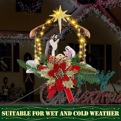 Moukeren 2 Pcs 2 Pcs 3.5ft Nativity Scene Outdoor Yard Stakes, Solar Lighted Outdoor Metal Christmas Nativity Scene Decoration for Christmas Holiday Lawn Garden Yard Decoration (Vivid)