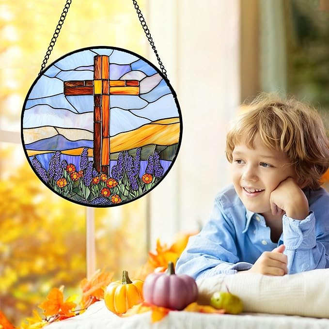 DASTOLL Christian Gifts for Women - Cross Stained Glass Window Hanging Jesus Easter Purple Flower Mountain Sun Catcher Garden Religion Decor Mother's Day Catholic Gift for Men Grandma Nana Her 7.8"