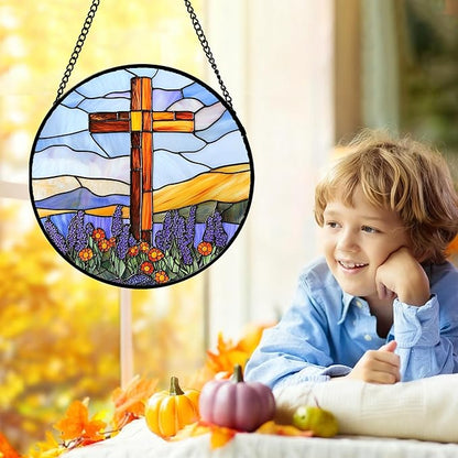 DASTOLL Christian Gifts for Women - Cross Stained Glass Window Hanging Jesus Easter Purple Flower Mountain Sun Catcher Garden Religion Decor Mother's Day Catholic Gift for Men Grandma Nana Her 11.8"