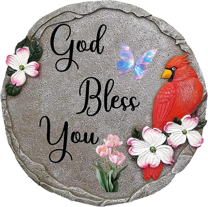 God Bless You-Resin Stepping Stone,Outdoor Garden Pathway Decoration,Round Red Hummingbird Decorative Stone for Garden,Walkway Sculpture Yard Art for Patio,Home Decor