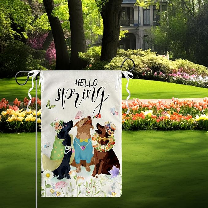 Hello Spring Garden Flags Golden Retriever Dog Yard Flag Puppy Daisy Floral Flowers House Banner Spring Butterfly Seasonal Flowers Garden Flag or Farmhouse Holiday Outside Decor 12x18 Inch