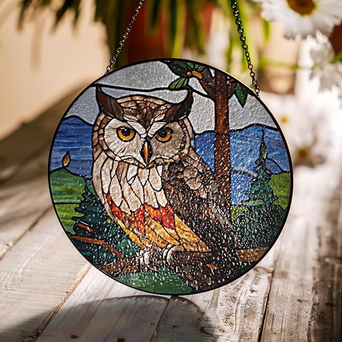 7.8" Owl Stained Glass Suncatchers Art Glass Wildlife Bird for Sun Catcher Indoor Window Gifts for Pet Animal Nature Floral Lovers Women Grandma Mom Friend Painted Panel Décor BIRD-07B-SG8
