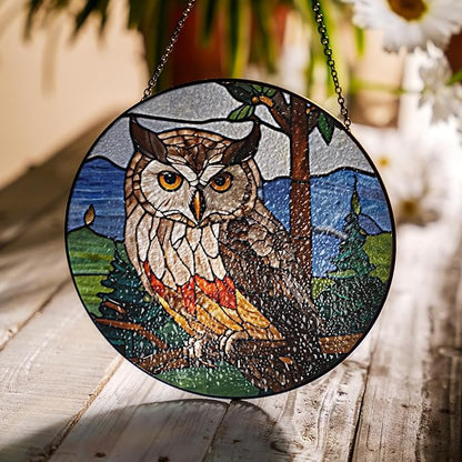 7.8" Owl Stained Glass Suncatchers Art Glass Wildlife Bird for Sun Catcher Indoor Window Gifts for Pet Animal Nature Floral Lovers Women Grandma Mom Friend Painted Panel Décor BIRD-07B-SG8