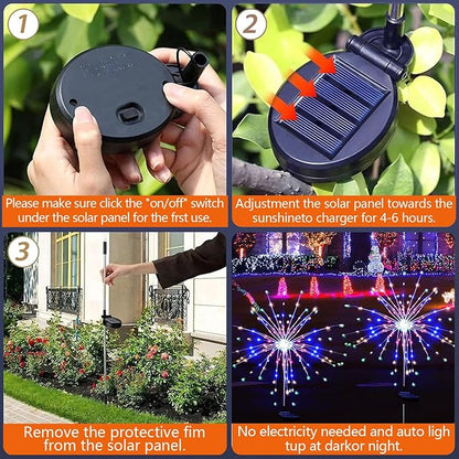 4 Pack Solar Firework Lights Outdoor, Adjustable 32" to 51" Extra Tall, Verified 200 LED Multicolor Stainless Steel 3-Section Pole, 8 Modes Waterproof Starburst Garden Lights for Yard Pathway