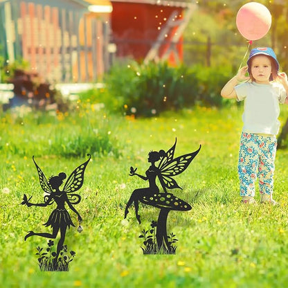 Fairy Garden Decor for Outside - 2 Pcs Metal Yard Stakes Decorative Lawn Patio Pathway Signs Black Silhouette Statue Ornaments Appreciation Housewarming Birthday Gifts for Women Girls Mom