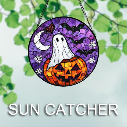 Stained Glass Window Hanging Halloween Horror Pumpkin 15" - Suncatcher Door Garden Sunroom Gothic Style Ghost Bat Sun Catcher Birthday for Friend Mom Men Woman Nana