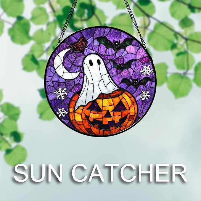 Stained Glass Window Hanging Halloween Horror Pumpkin 6.3" - Suncatcher Door Garden Sunroom Gothic Style Ghost Bat Sun Catcher Birthday for Friend Mom Men Woman Nana