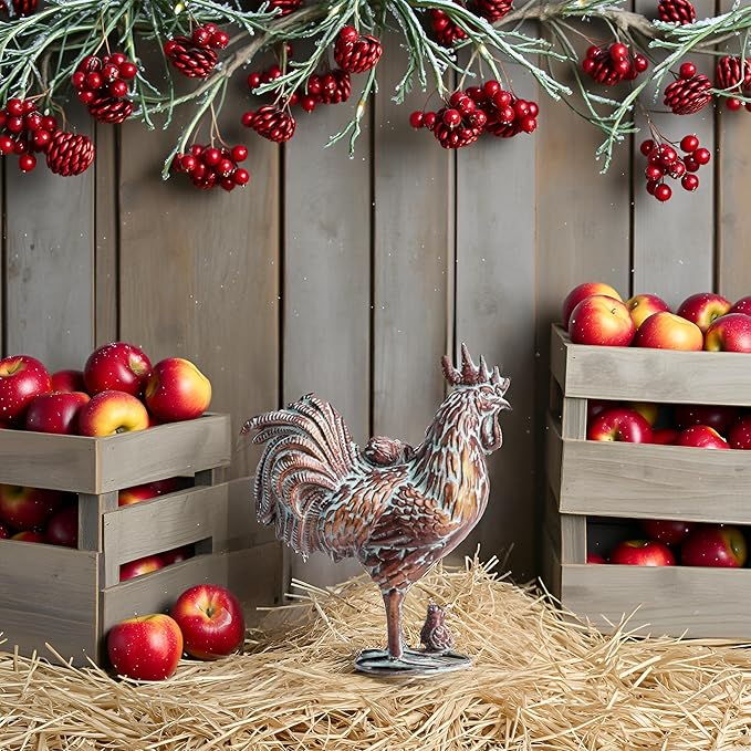 Metal Rooster and Chicks Yard Decor 15.7" L x 18.8" H Outdoor Garden Rooster Statue Sculpture Antique Metal Chicken Yard Art for Home Backyard Patio Lawn,Gift for Mom Grandma and Chicken Lovers