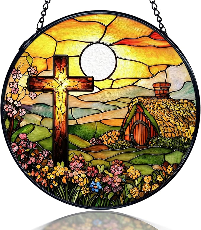 kdqua Cross Suncatcher Stained Glass Window Hanging, Christian Cross Wildflower Sunshine Sun Catchers Indoor Window Glass Round Wall Decor, Religious Wall Art Hanging Decorations Statues, 7.9x7.9in