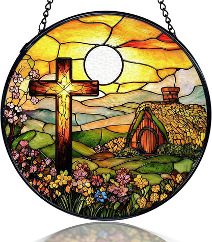 kdqua Cross Suncatcher Stained Glass Window Hanging, Christian Cross Wildflower Sunshine Sun Catchers Indoor Window Glass Round Wall Decor, Religious Wall Art Hanging Decorations Statues, 7.9x7.9in