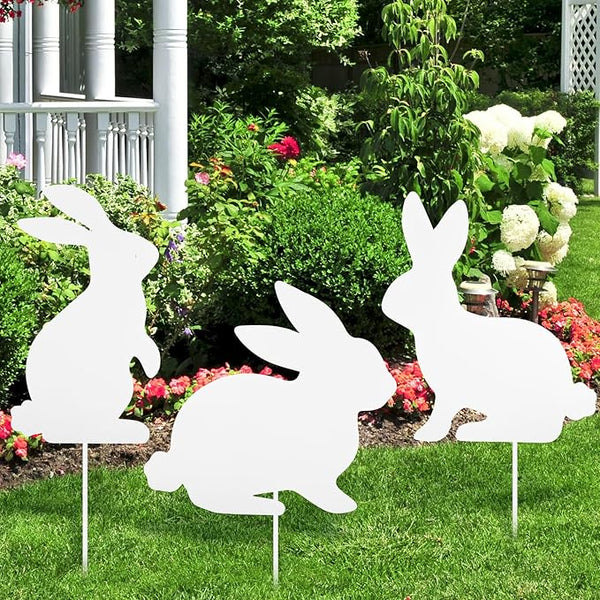 MorningRo 3 Pcs Large Easter Bunny Yard Signs Metal Rabbit Garden Stakes Easter Bunny Lawn Decorations Outdoor White Decorative Yard Decoration with Stake for Holiday Decor