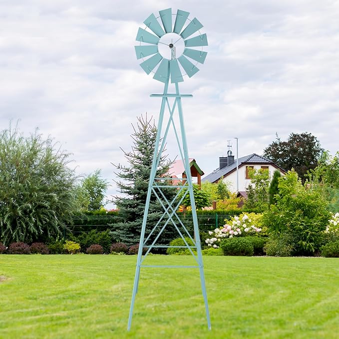 Metal Windmill for Garden Yard Decor, 8ft Tall Windmill Pinwheels Outdoor with Spinning Blades, Weather Vanes Lawn Ornaments, Weather-Resistant, Blue