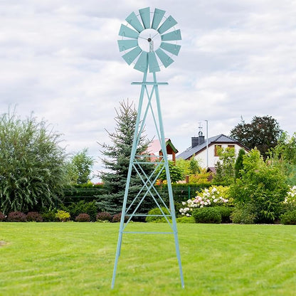 Metal Windmill for Garden Yard Decor, 8ft Tall Windmill Pinwheels Outdoor with Spinning Blades, Weather Vanes Lawn Ornaments, Weather-Resistant, Blue