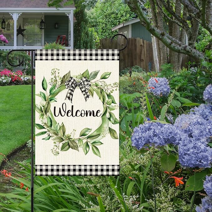 Welcome Spring Summer Garden Flags, Eucalyptus Wreath Outdoor Flags for Garden, Spring Summer Flowers Buffalo Plaid Farmhouse Yard Lawn Porch Flag for Outside Decor 12x18 Inch Double Sided
