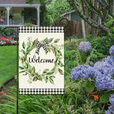 Welcome Spring Summer Garden Flags, Eucalyptus Wreath Outdoor Flags for Garden, Spring Summer Flowers Buffalo Plaid Farmhouse Yard Lawn Porch Flag for Outside Decor 12x18 Inch Double Sided