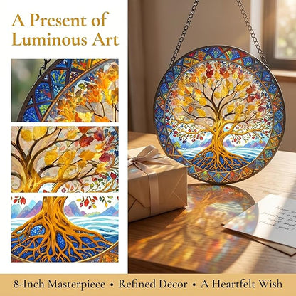 Stained Glass Window Hanging Tree of Life Suncatcher 8 Inch, Indoor Outdoor Wall Art Home Decor, Sun Catchers, Birthday for Women Men