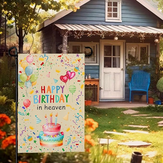 Happy Birthday in Heaven Garden Flag 12x18 Inch Double Sided Colorful Balloon Cake Memorial Yard Banner Outdoor Birthday Remembrance Decoration for Patio Lawn Porch Garden Decor House Flags