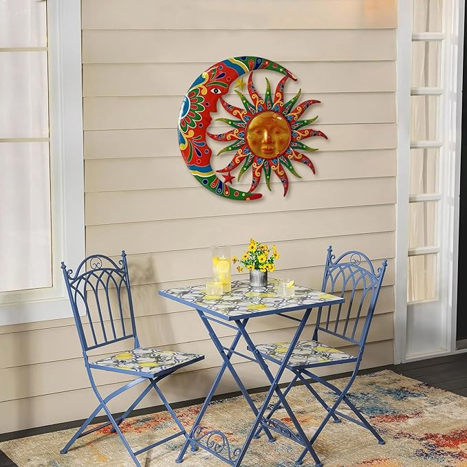 Limygus Sun and Moon Wall Decorations for Outdoor, Colorufl Metal Sun Wall Art Decor with Moon & Stars Perfect for Patio, Garden, Yard, Living Room, Bedroom