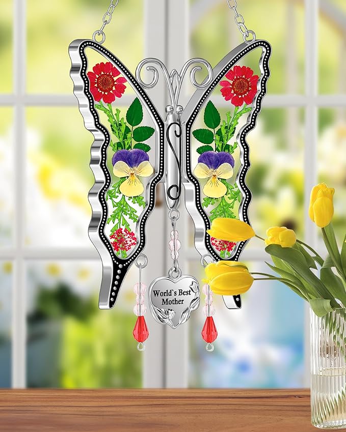 KY&BOSAM Gifts for Mom Suncatcher Butterfly Mom Gift Mothers Day World`s Best Mother Stained Glass Sun Catcher Hanging Wind Chime Ornament for Window Gift for Women Mother`s Day Valentine`s Birthday