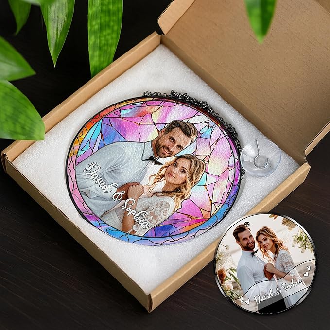 VINATIMES Personalized Grandma Stained Glass Suncatcher, Photo Family Faux Stained Glass Window Hanging Ornament, Custom Grandparent Day 2025 Gifts for Grandma, Birthday Gift for Dad, Grandpa