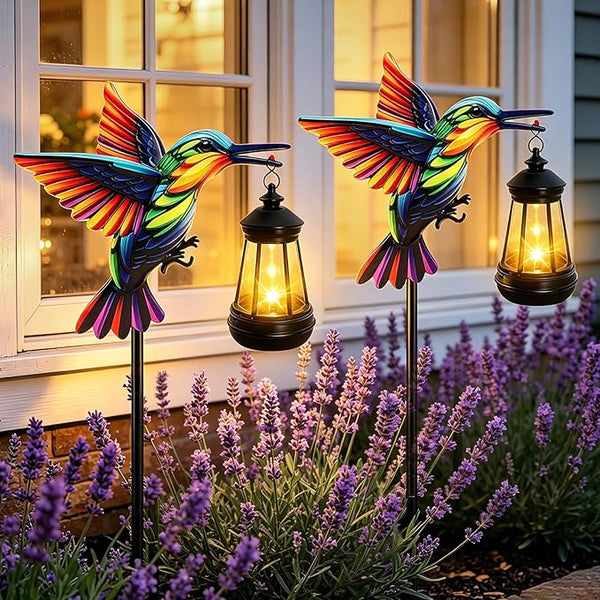 2 Pack Solar Garden Statue Figurine with Solar Lanterns Outdoor Waterproof, Hummingbird Hanging Solar light, Solar Path Lights Yard Art, Outside Patio Garden Decor Gardening Gift for Mom Grandma Women
