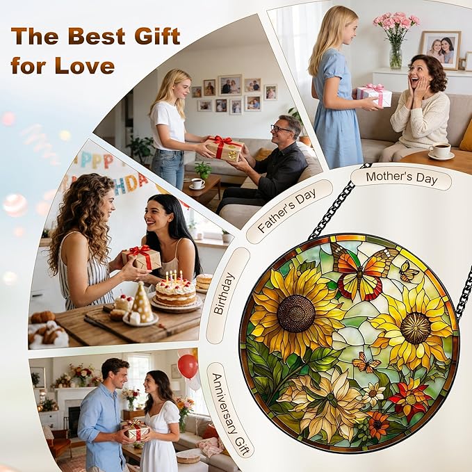 Stained Glass Window Hanging, Sunflower Sun Catchers Glass Panel Yellow Suncatcher Decor for Birthday, Women, Men, Wife, Aunt, Lovers, Home Garden 7.8 in