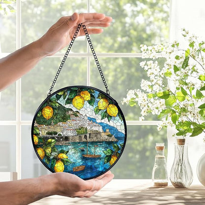 Italian Lemon Amalfi Coast Suncatchers Stained Glass Window Hanging, Lemon Kitchen Decor, Summer Mediterranean Sun Catchers Indoor Window Glass Round Wall Decor, 7.9x7.9in