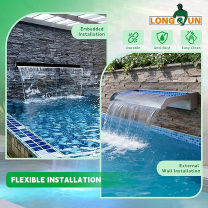 with lid Pool Fountain, LONGRUN Waterfall Spillway for Koi Ponds - 23.6" Transparent Acrylic Waterfall with APP Control & Multi-Color LED Lights for Swimming Pool, Garden Pond, Patios, Spa Decoration